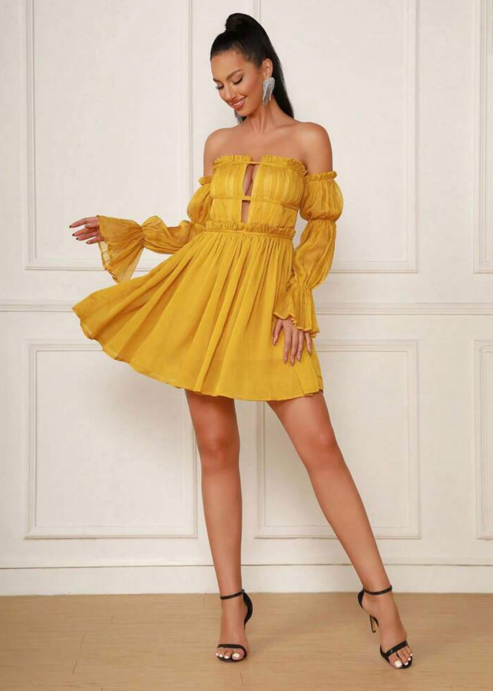 Off Shoulder Long Sleeve Mini Pleated Dress