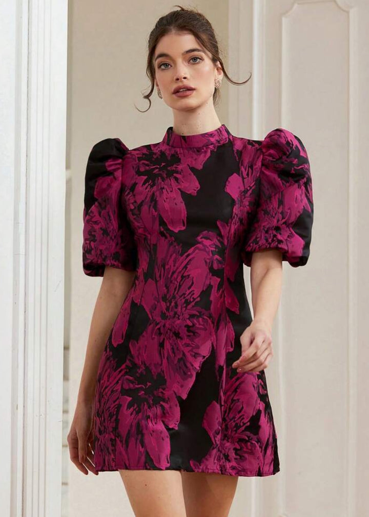 Jacquard Puff Sleeve Mock Neck Dres