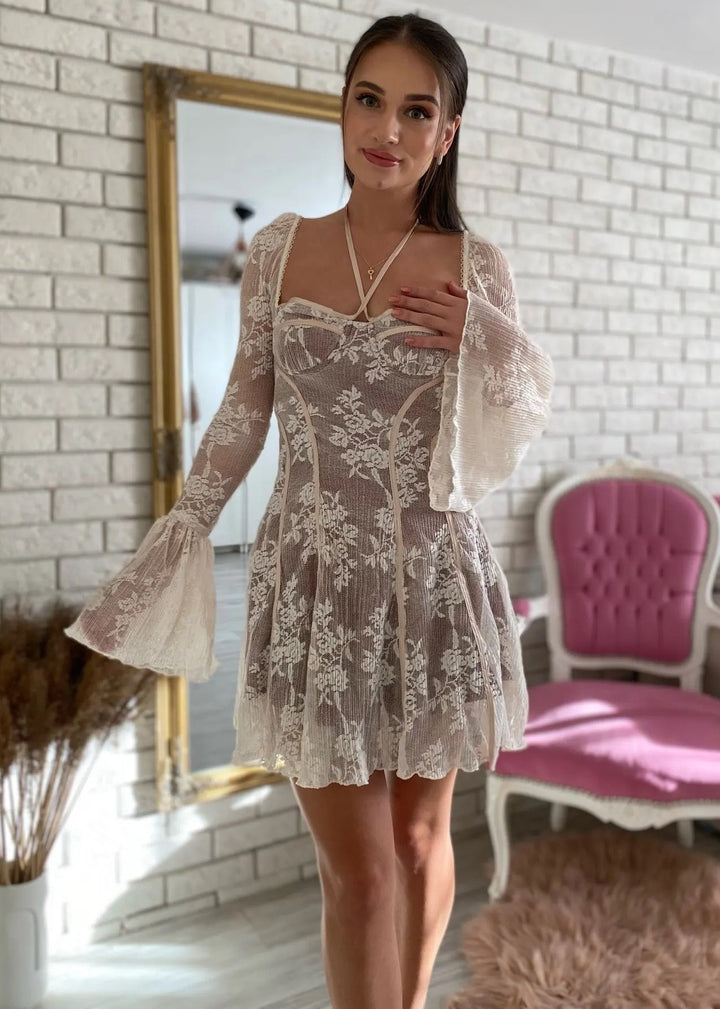 Bell Sleeve Lace Flared Dress