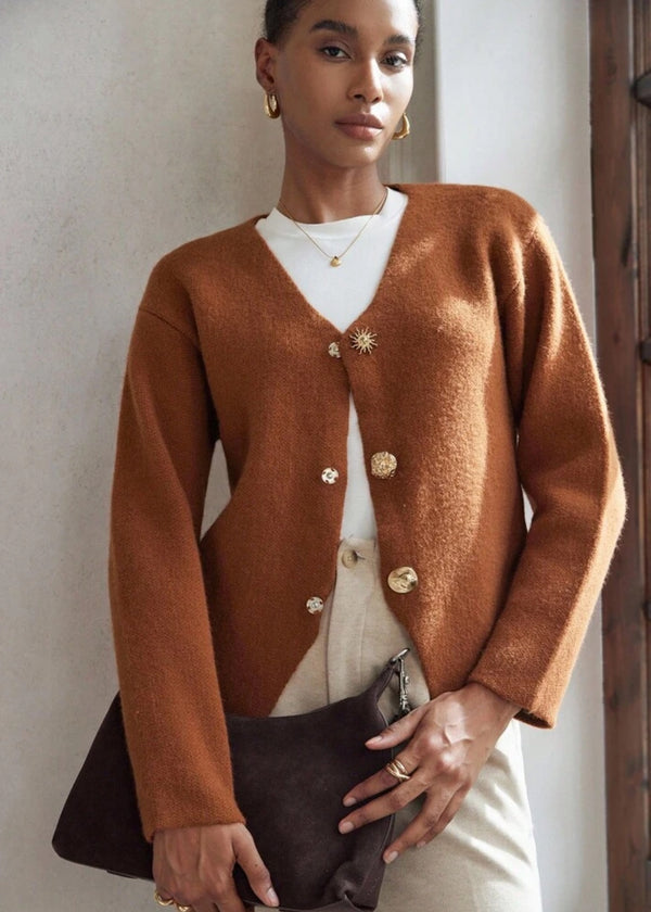 V-Neck Button Front Long Sleeve Cardigan