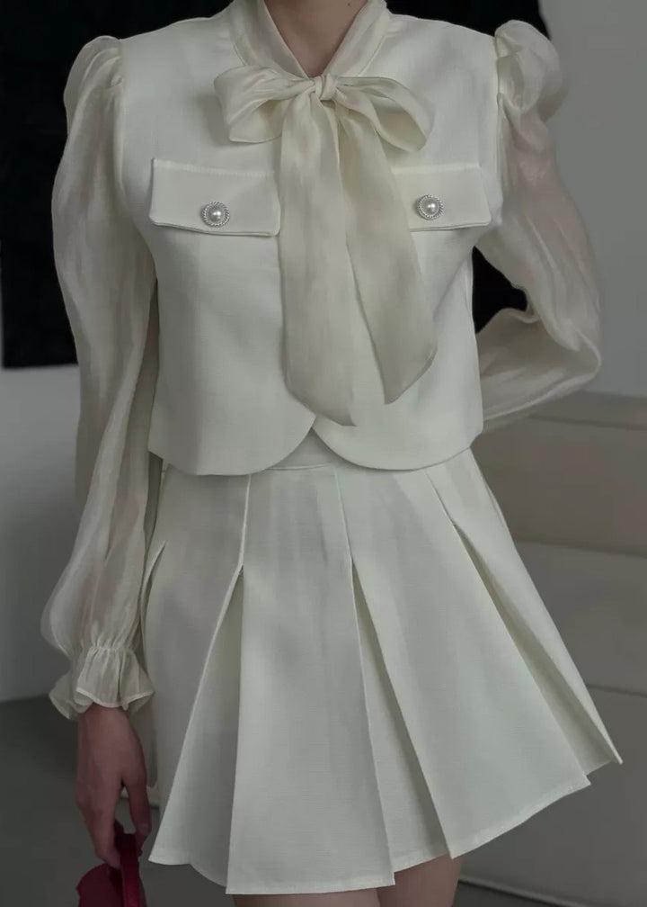 Bowknot Detail Puff Sleeve Blouse & Pleated Skirt Suit