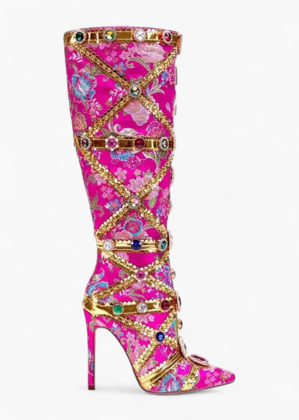 Rhinestone Encrusted Floral Print Boots