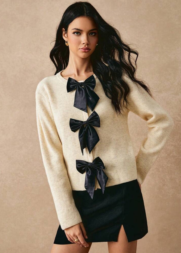 Knitted Bow Tie Long Sleeve Top