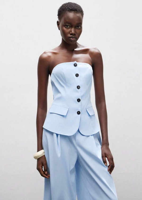 Strapless Button-Front Peplum Top with Pockets