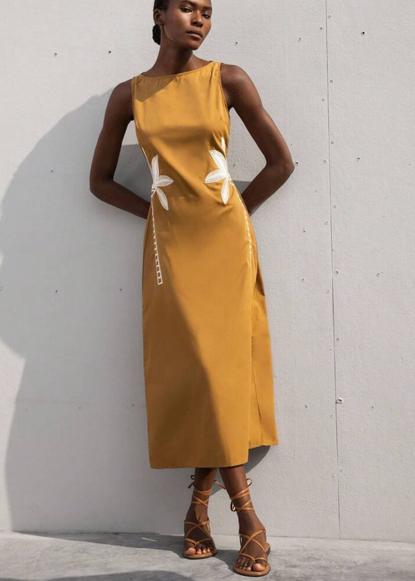 Sleeveless Boat Neck Embroidered Midi Dress.