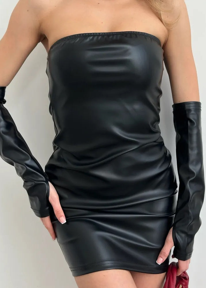 Eco-Leather Tube Mini Dress With Gloves