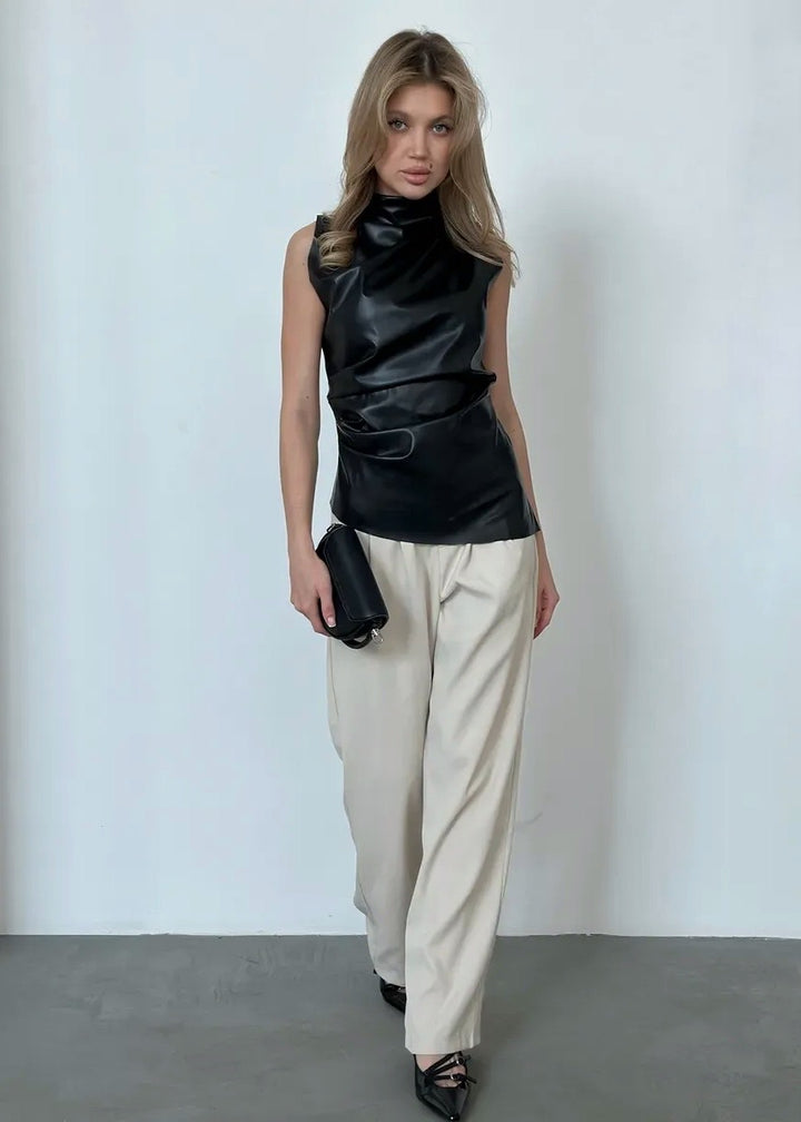 Asymmetrical Hem Eco-Leather Ruched Top