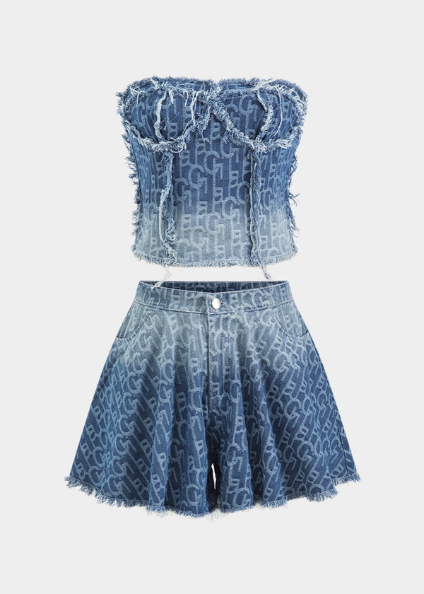 Fringe Tube Top & Shorts Denim Set