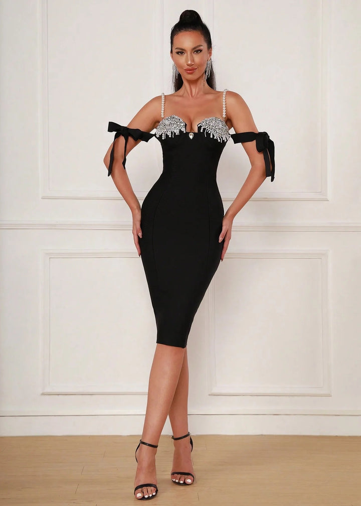 Black Off Shoulder Luxury Diamonds Midi Bandage Dress