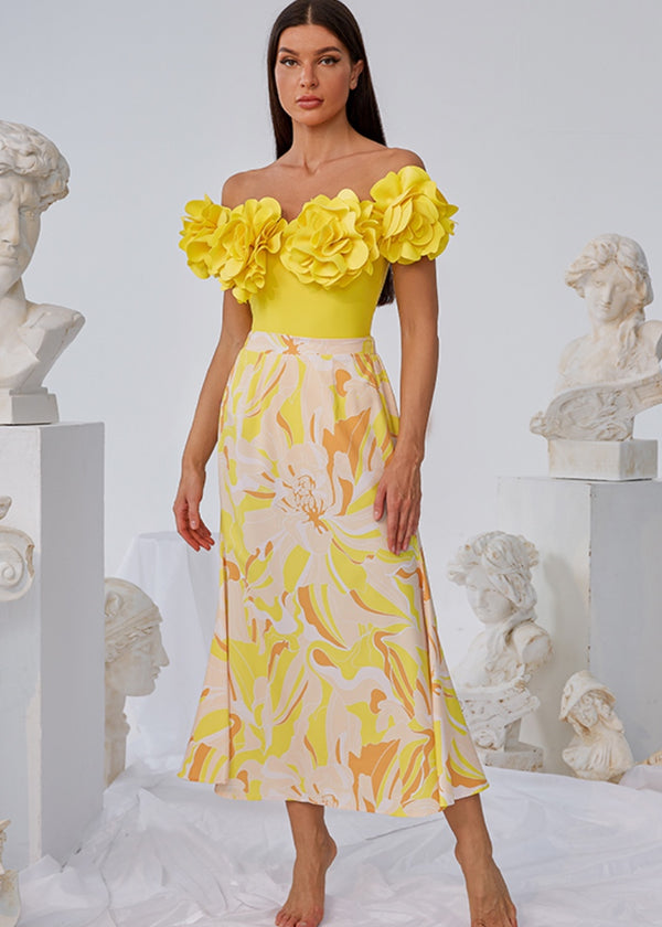 Off Shoulder 3D Flower Decor Swimsuit & Floral Print Maxi Skirt