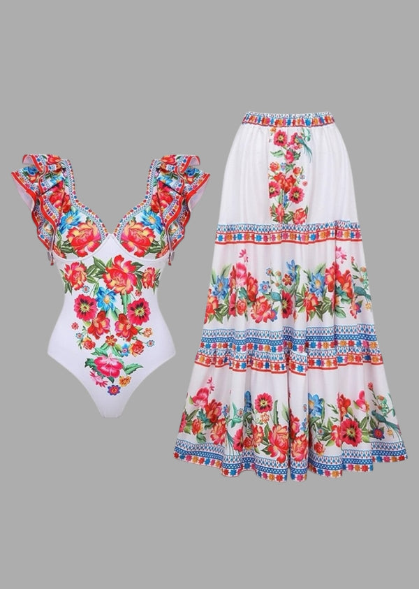 Traditional Floral Print Ruffled Sleeve Swimsuit & Cover-Up Skirt