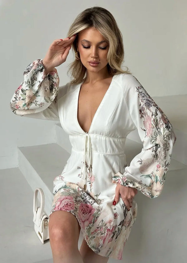 Lantern Sleeve V-Neck Floral Mini Dress