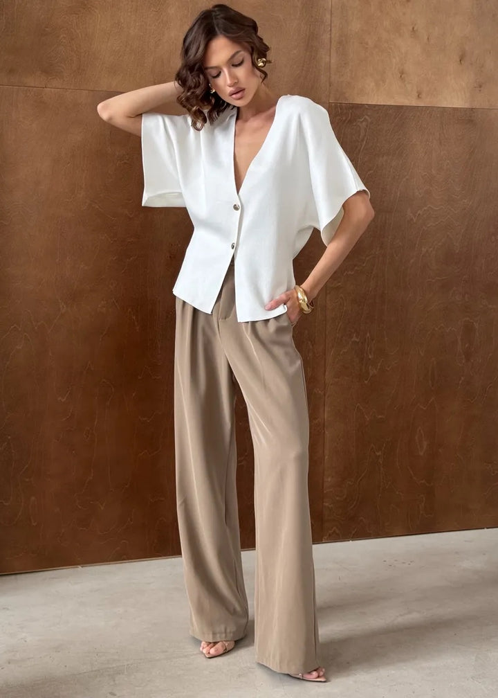 Button-Front V-Neck Loose-Fitting Top