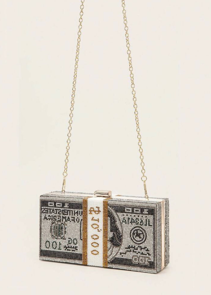 Dollar Pattern Rhinestone Clutch Bag
