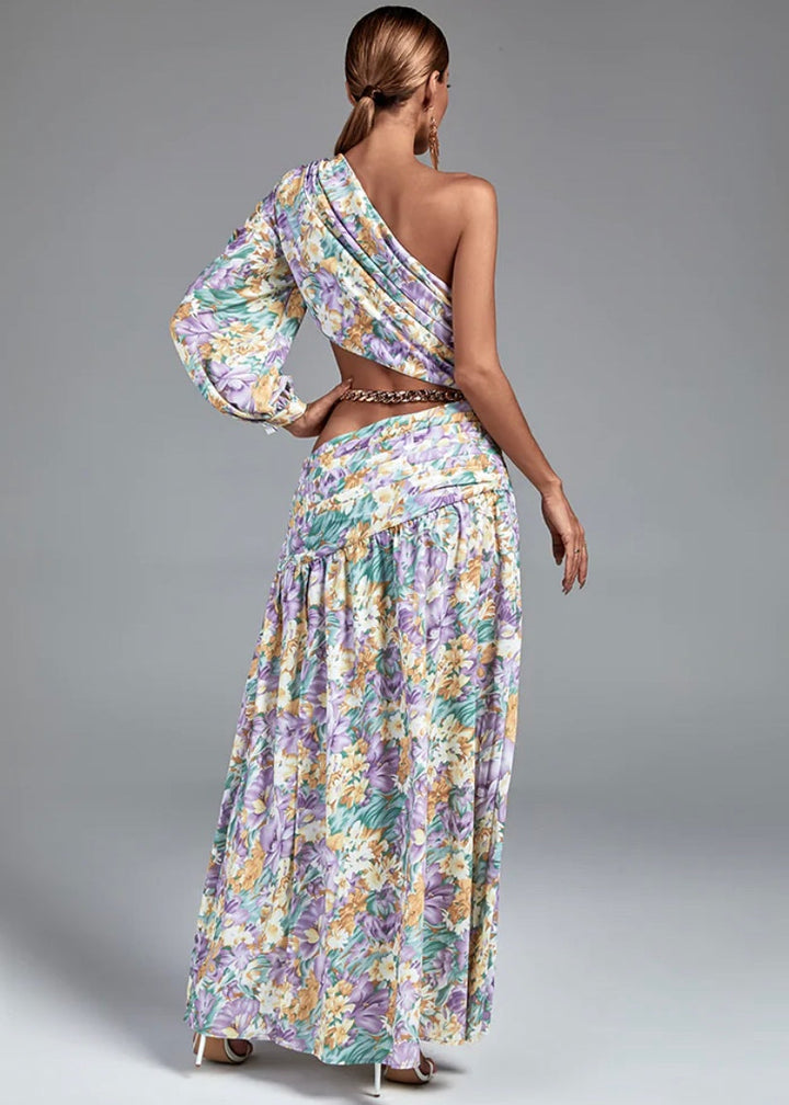 One Shoulder Chain Detail Floral Maxi Dress