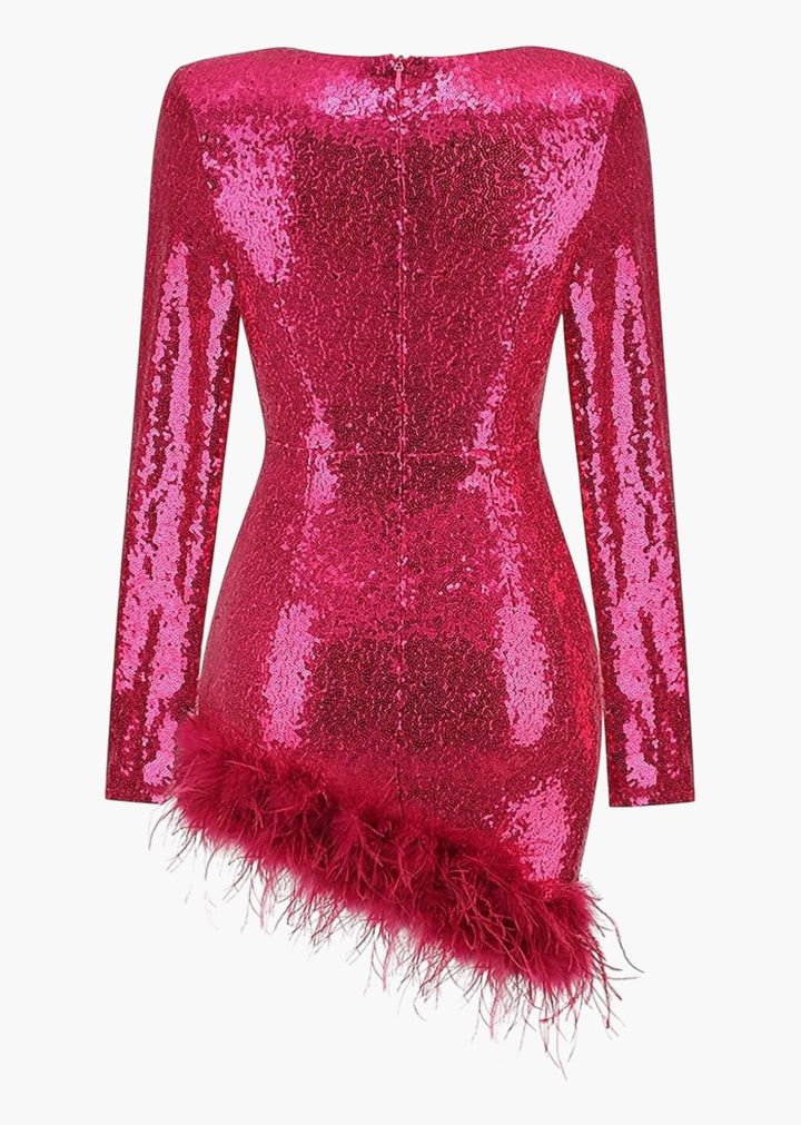 Sweetheart Neck Long Sleeve Feather Trim Bodycon Sequined Dress