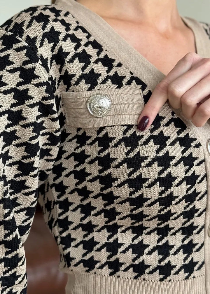 V-Neck Button Decor Houndstooth Midi Dress