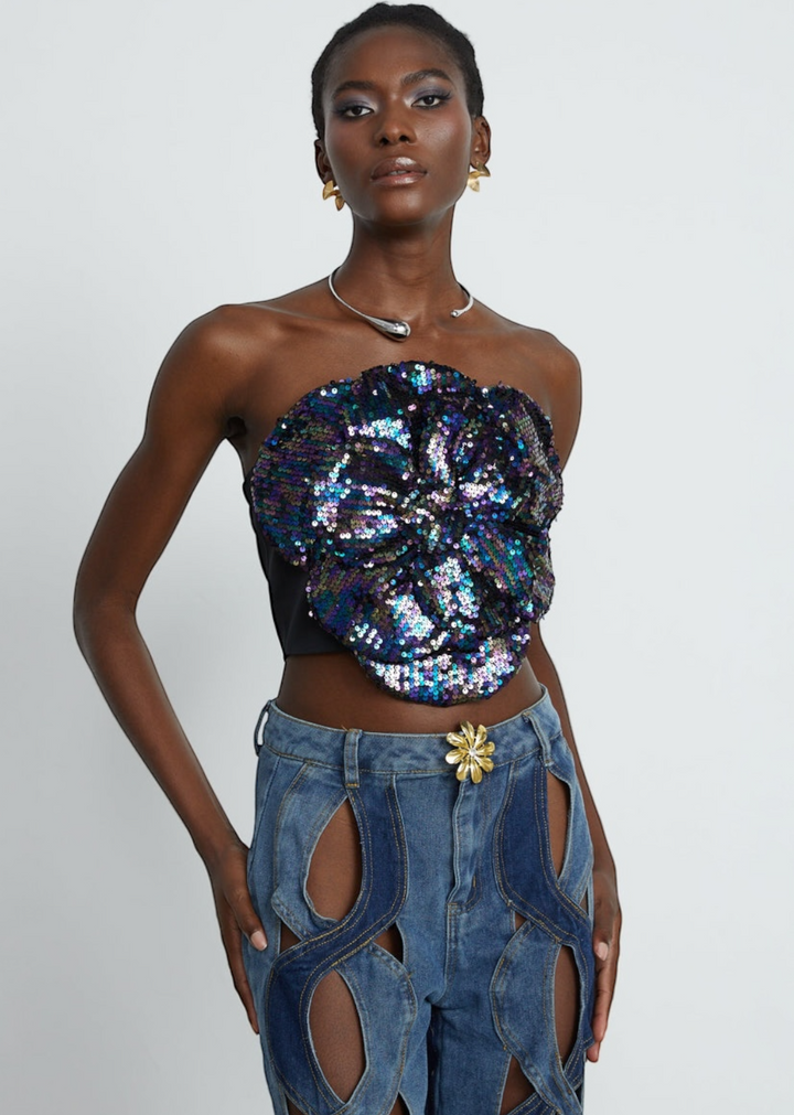 Strapless Sequins Flower Bodice Crop Top