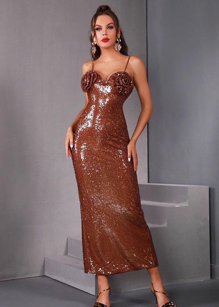 Spaghetti Straps Rose Detail Brown Sequins Bodycon Maxi Dress
