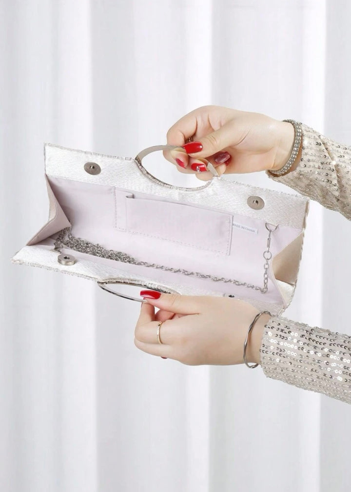 Pleated Rhinestone Metallic Handle Clutch Bag