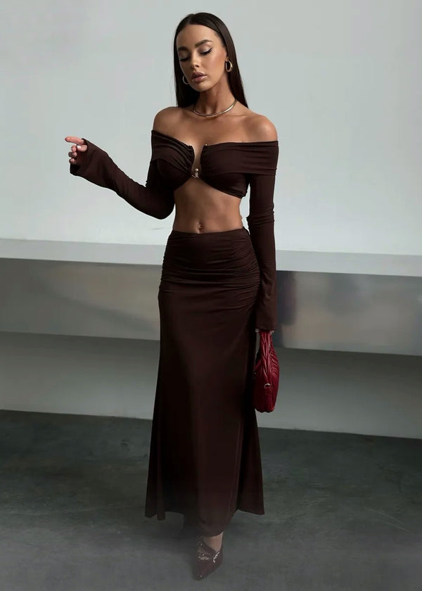 Off-Shoulder Long Sleeve Crop Top & Maxi Skirt