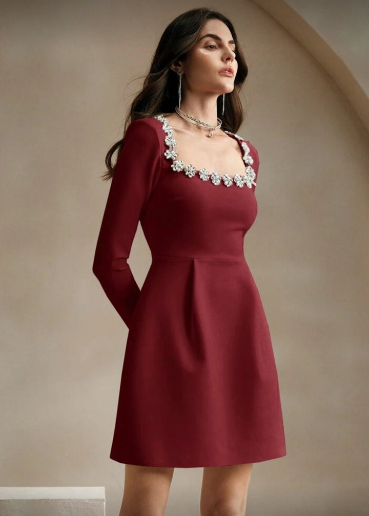 Square Neck Crystal Embellished Long Sleeve Mini Dress