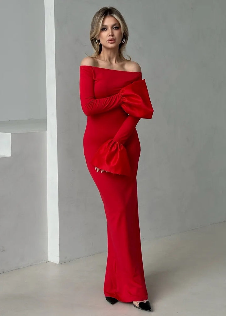 Off-Shoulder Bell Sleeve Bodycon Maxi Dress