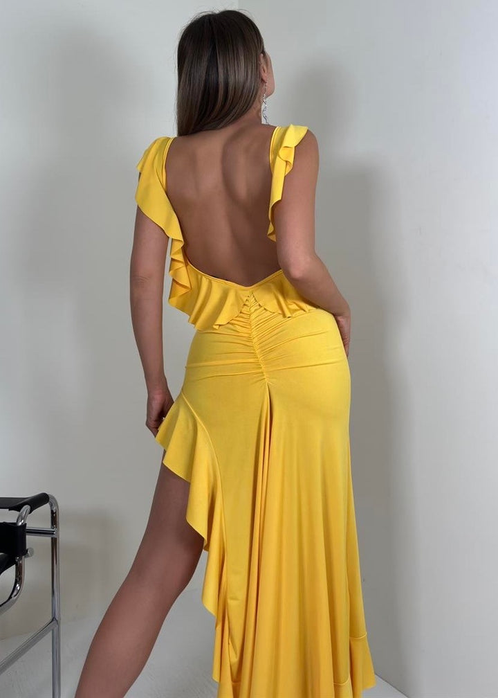 Ruffle Trim Ruched Detail Backless Split Thigh Maxi Cami Dress