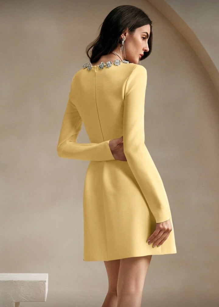 Square Neck Crystal Embellished Long Sleeve Mini Dress