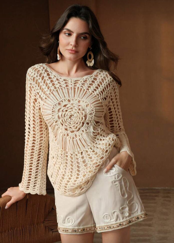 Crochet Knit Long Sleeve Mandala Center Top