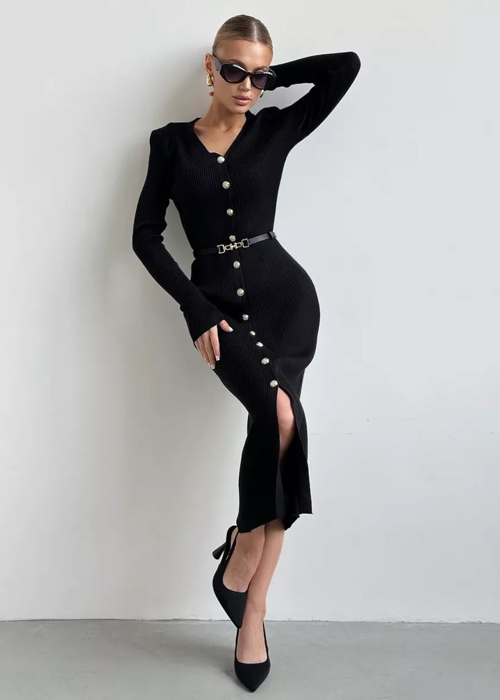 Buttoned Front Belted Knit Midi Dress