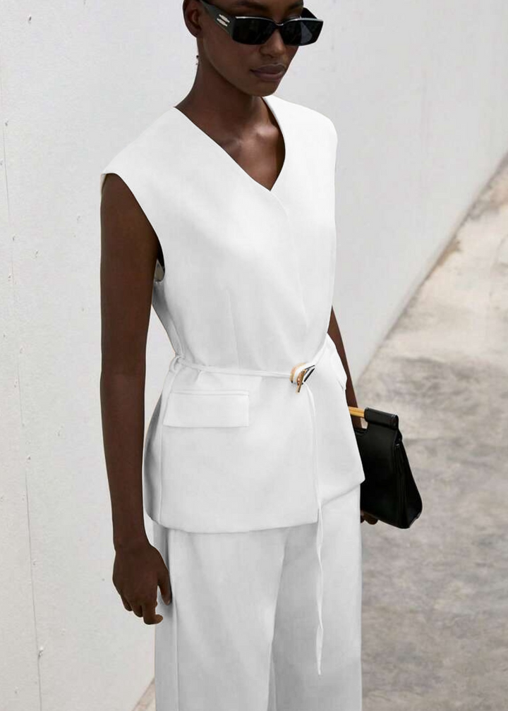 Sleeveless V-Neck Pocket Belted Vest