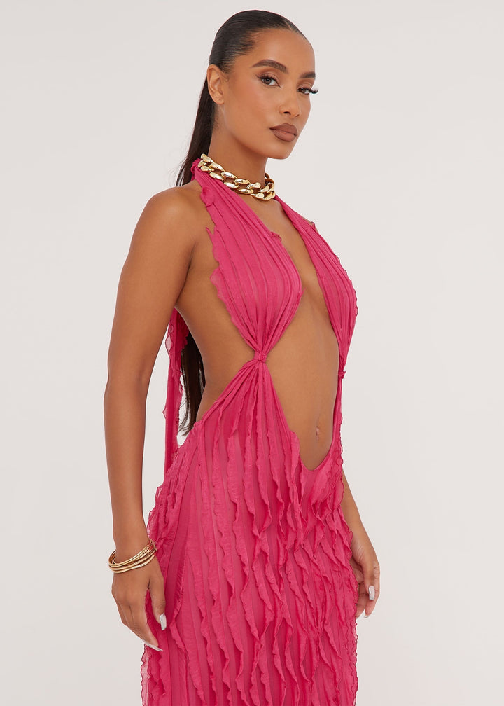 Plunging Neck Backless Halter Dress