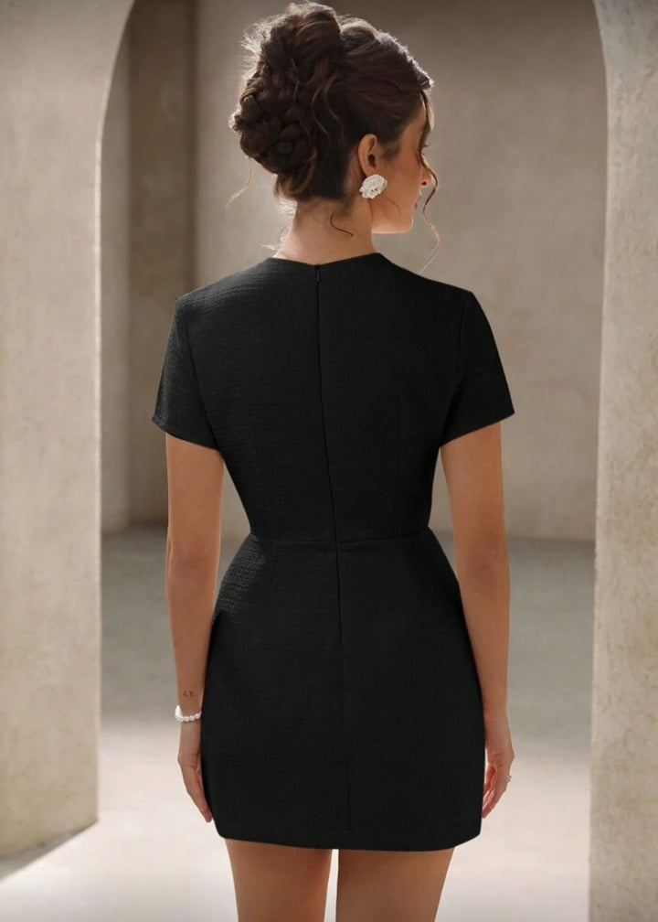Tweed Pearl Trim Short Sleeve Mini Dress