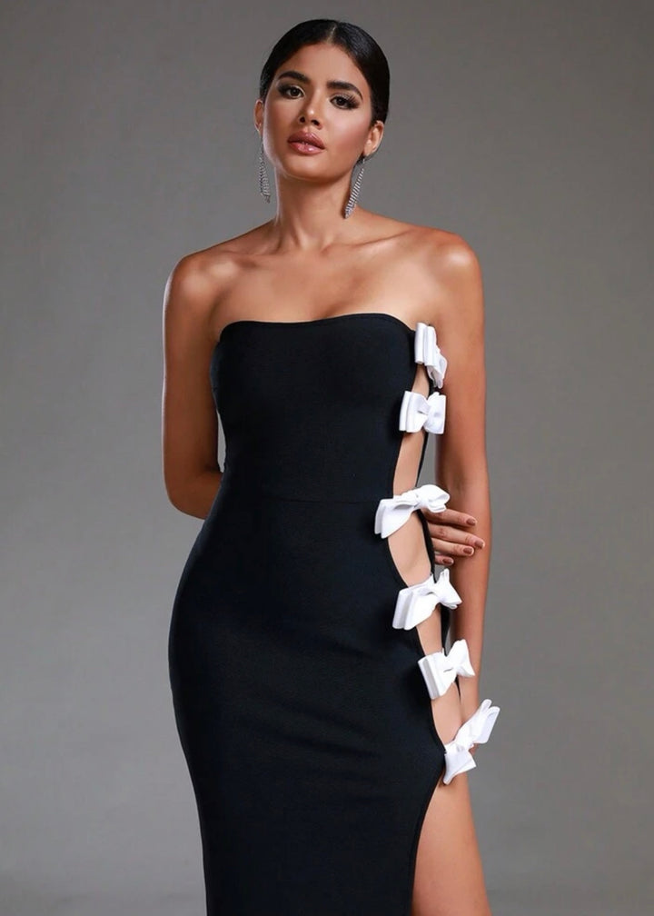 Contrast Bow Side Cut Out Split Thigh Tube Dress
