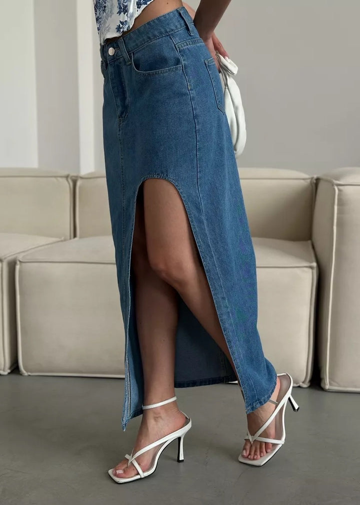 Side Slit Denim Midi Skirt