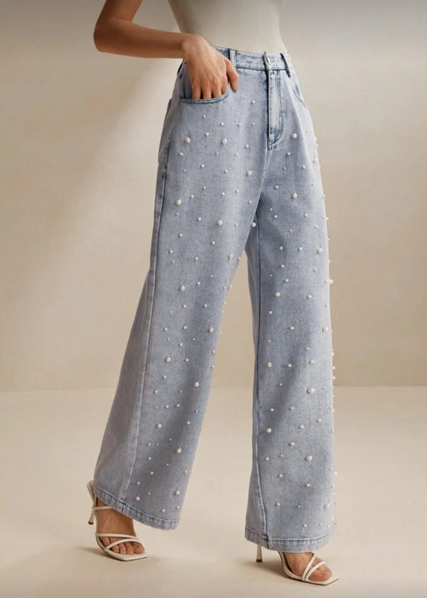 High Waist Denim Wide Leg Faux Pearl Jeans