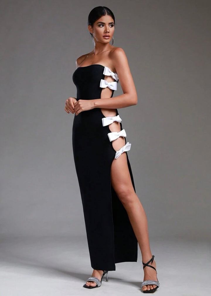 Contrast Bow Side Cut Out Split Thigh Tube Dress