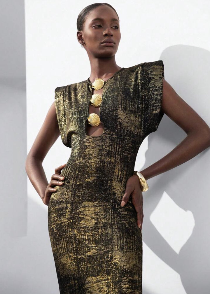 Seashell Button Maxi Shoulder Pad Dress