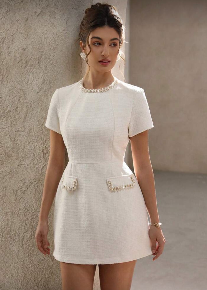 Tweed Pearl Trim Short Sleeve Mini Dress