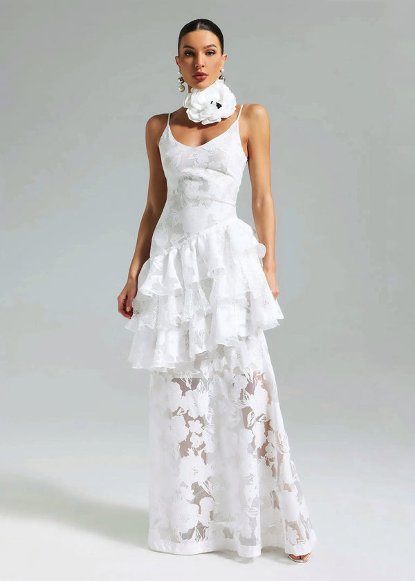 Flower Collar Tiered Ruffles Gown