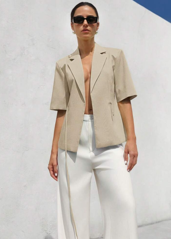 Lapel Neck Short Sleeve Tie Blazer