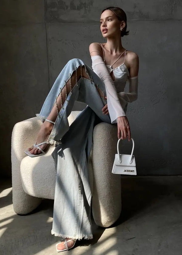 Side Slit Chain Decor Wide Leg Jeans