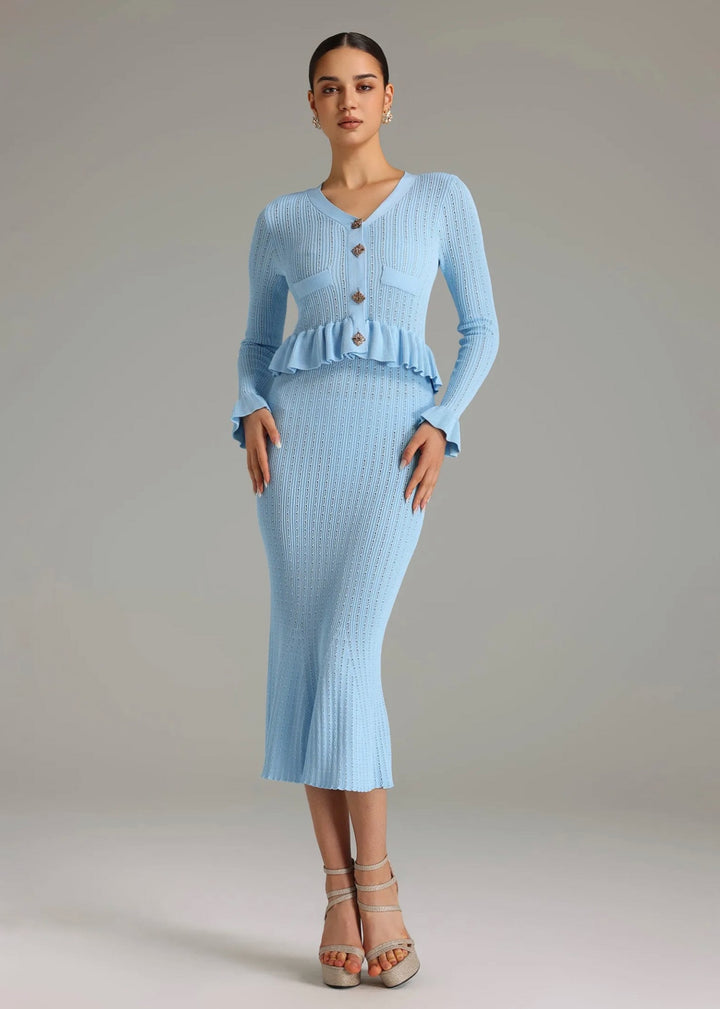 Peplum Cardigan & Midi Skirt Knit Set