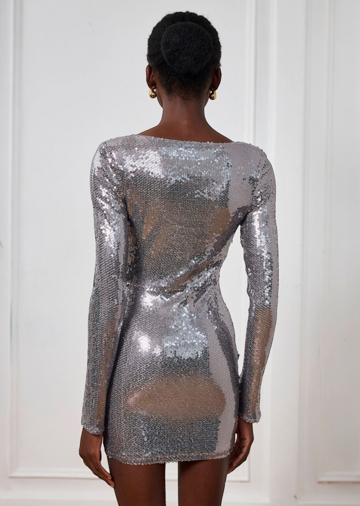 Lace-Up Neckline Long Sleeve Sequin Dress