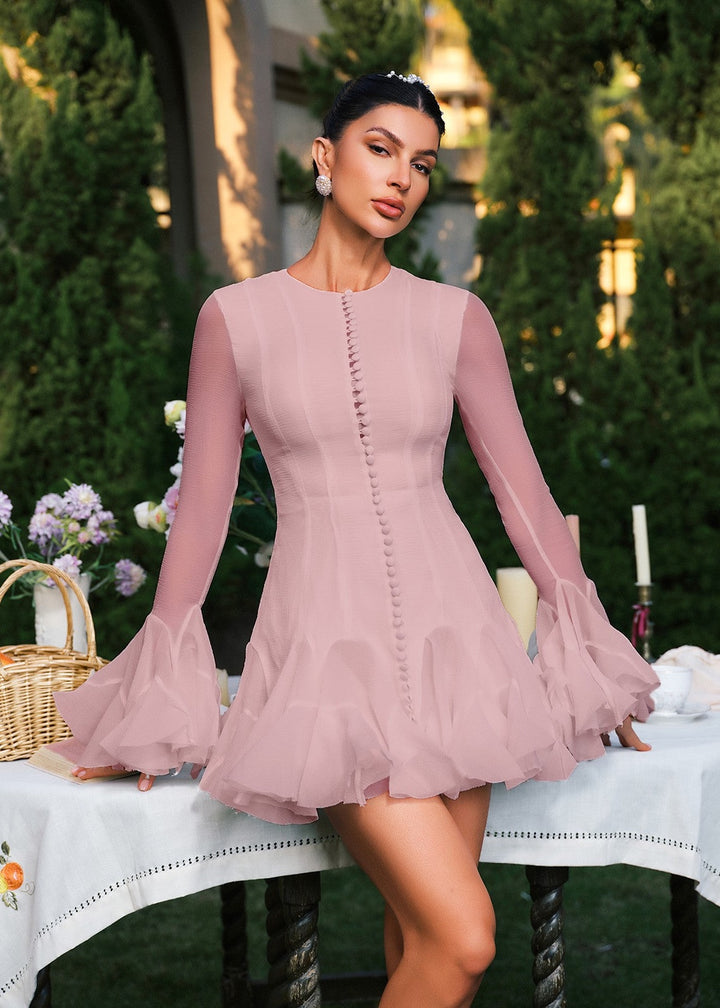 Sheer Sleeve Button Detail Ruffle Mini Dress