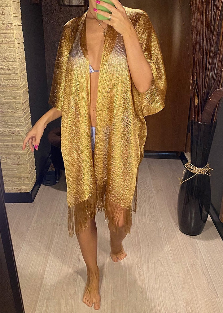 Gold Yarn Fringed Beach Cover-Up