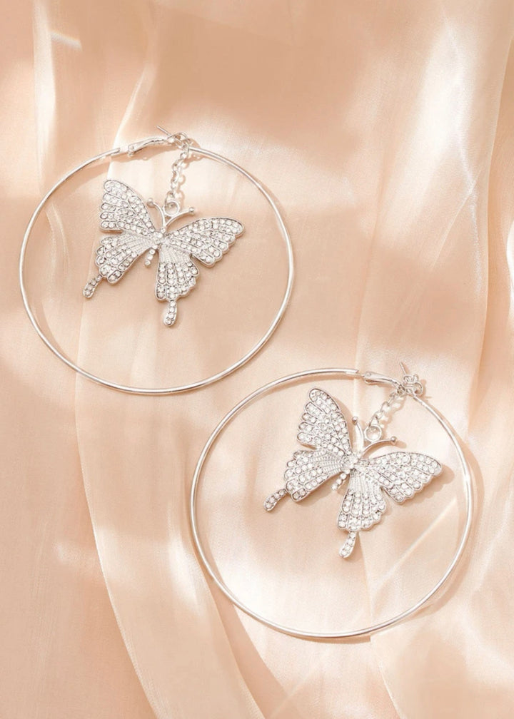 Rhinestone Butterfly Decor Circle Earrings