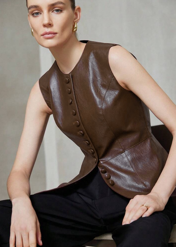 Faux Leather Button Front Peplum Top