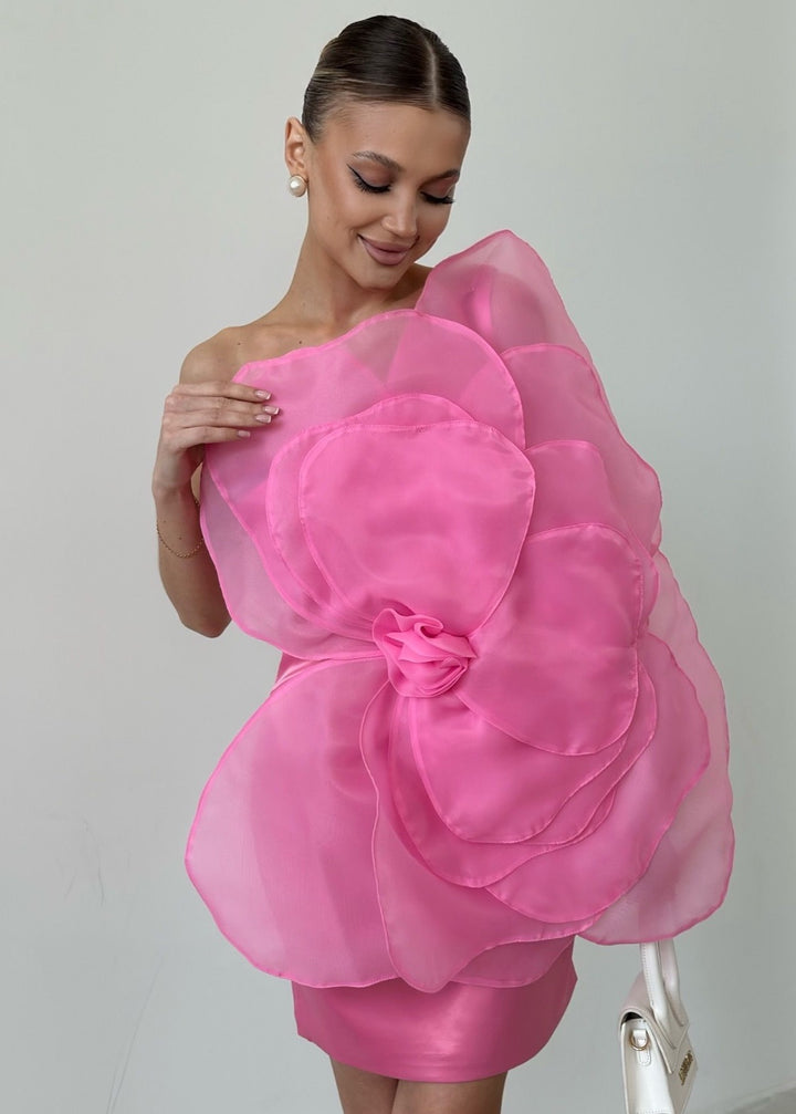 One Shoulder Big Flower Detail Mini Dress